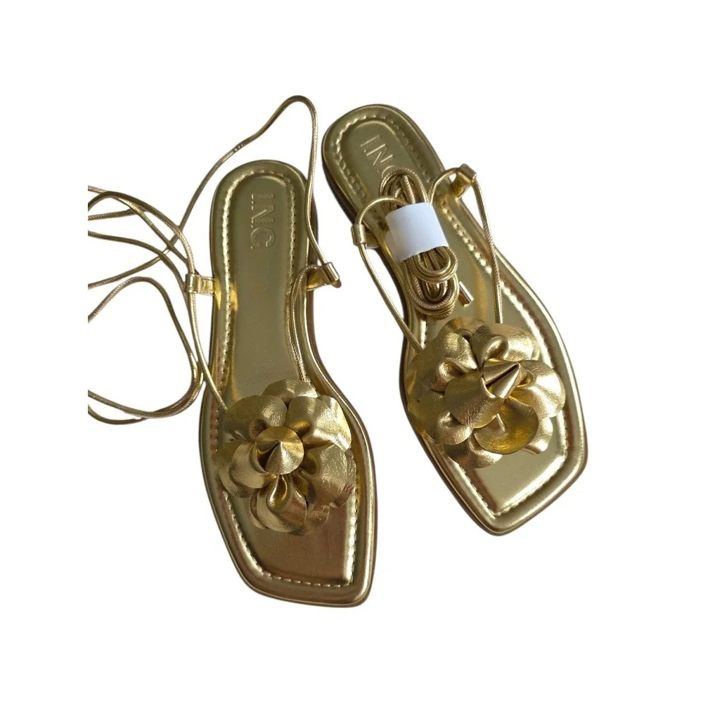 INC Gold Floral Lace Up Sandals Womens 7.5 Metallic Strappy Gladiator New